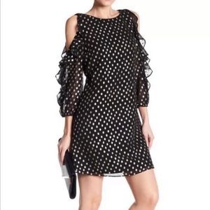 NWT Eliza J Black & Gold Foil Polka Dot Ruffle Cold Shoulder Shift Dress Size 4
